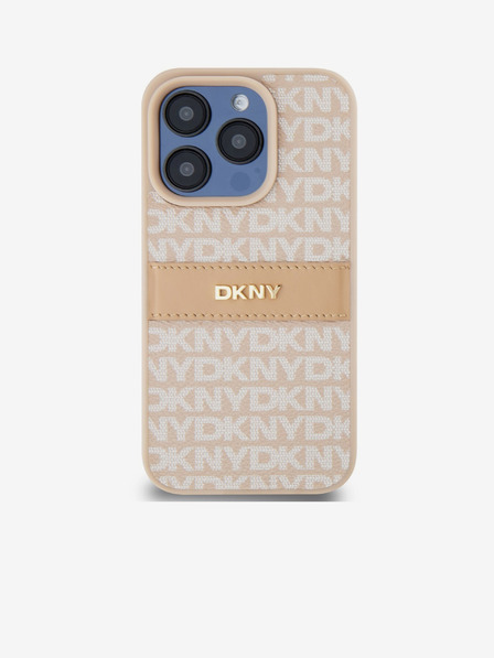 DKNY PU kožna stražnja maska s ponavljajućim uzorkom u tonskim prugama za iPhone 15 Pro, ružičasta DKNY