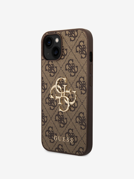 Guess Stražnja maska Guess PU 4G s metalnim logotipom za iPhone 15 smeđa