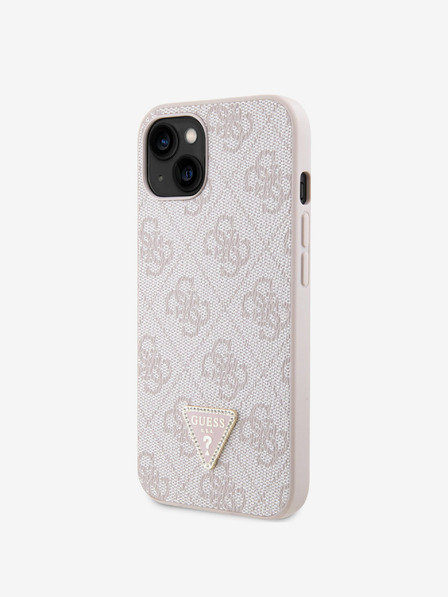 Guess Stražnja maska Guess PU 4G Strass Trokut s metalnim logotipom za iPhone 15, ružičasta