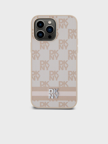 DKNY Stražnja maska s kariranim uzorkom i prugama od PU kože za iPhone 15 Pro Max, ružičasta DKNY