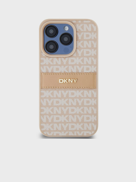 DKNY PU kožna stražnja maska s ponavljajućim uzorkom u tonskim prugama za iPhone 14 Pro, ružičasta DKNY