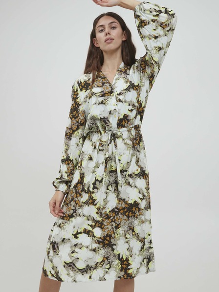 ICHI Smeđe-bijela cvjetna haljina s ICHI vezama