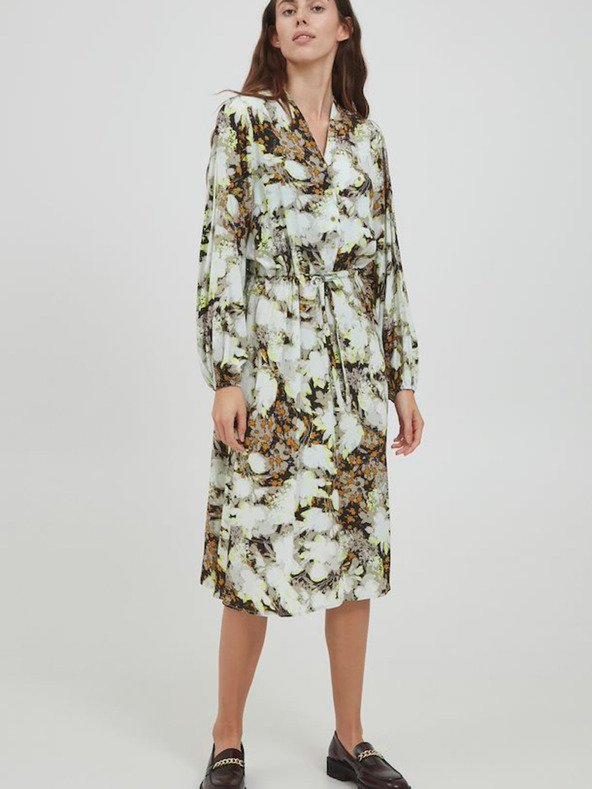 ICHI Smeđe-bijela cvjetna haljina s ICHI vezama