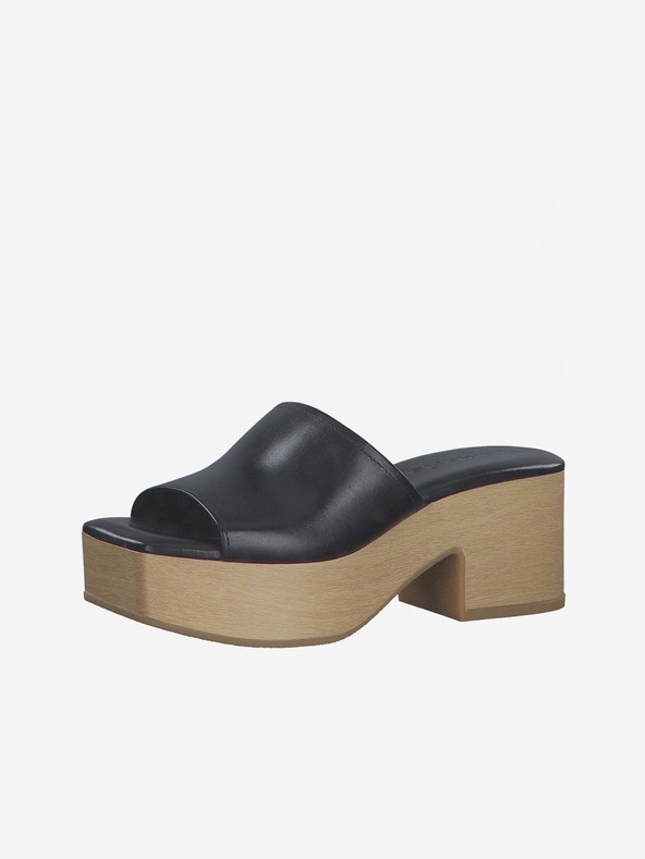 Tamaris Crne kožne papuče Tamaris na petu