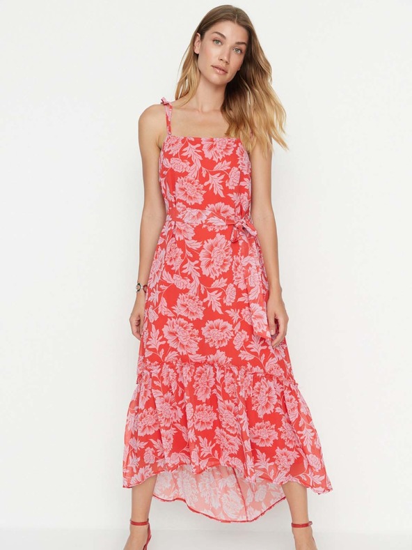 Trendyol Crvena cvjetna midi haljina s naramenicama Trendyol