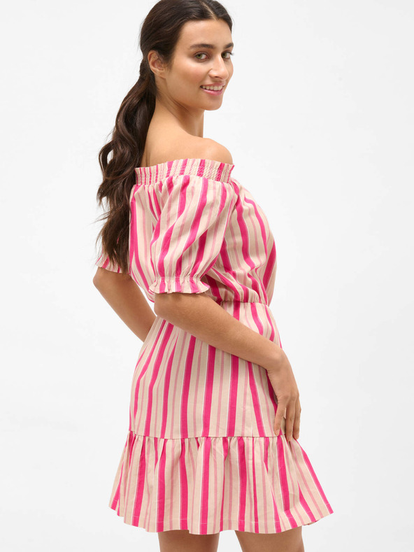 Orsay Ružičasta prugasta lanena haljina golih ramena ORSAY