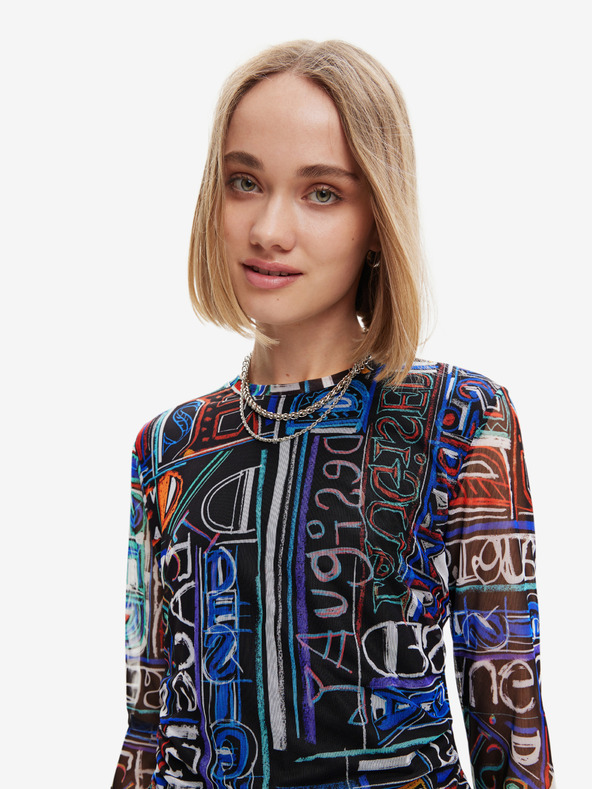 Desigual Plavo-crna ženska platna mini haljina s uzorkom Desigual Lettering