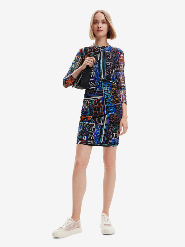 Desigual Plavo-crna ženska platna mini haljina s uzorkom Desigual Lettering