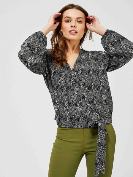 Moodo Siva i crna ženska bluza sa sitnim uzorkom i mašnom Moodo
