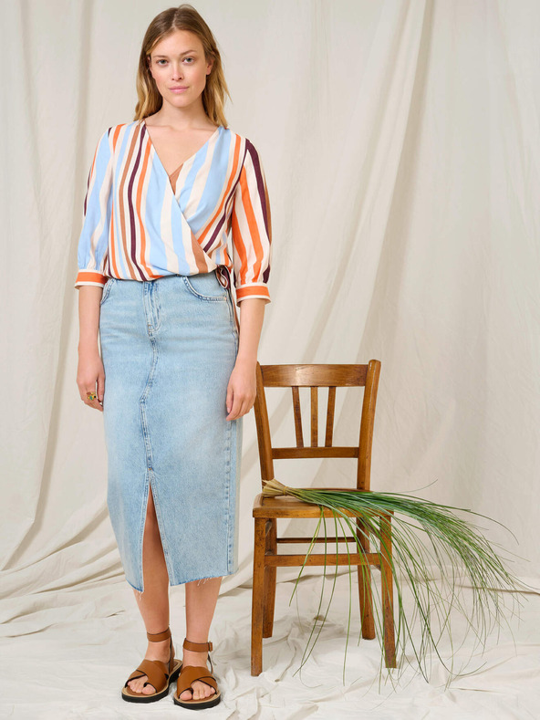 Orsay Plavo-narančasta prugasta bluza na preklop s rukavima tričetvrt d