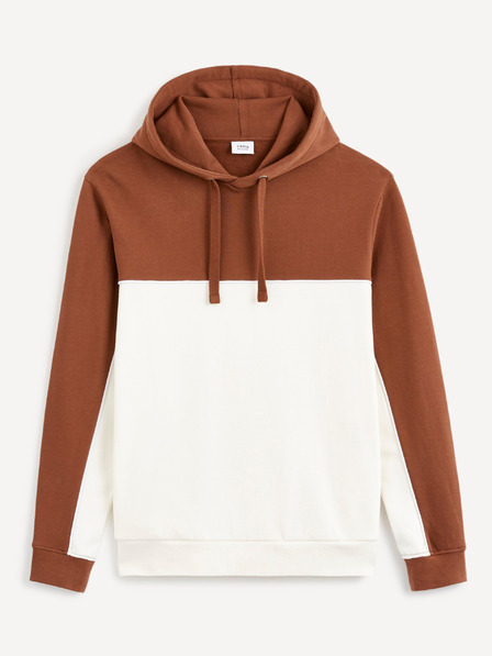 Celio Smeđe-bijeli muški pamučni sweatshirt s kapuljačom Celio Debiding