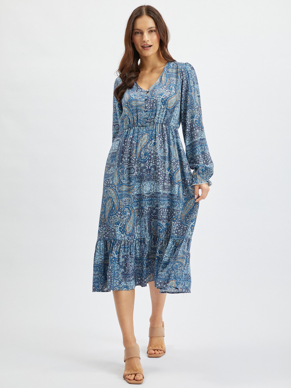 Orsay Plava ženska haljina srednje duljine s uzorkom ORSAY