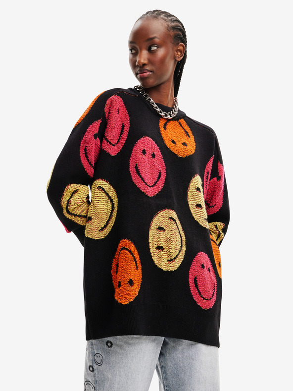 Desigual Crni ženski oversize pulover s uzorkom Desigual Smiley