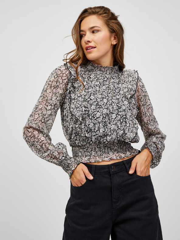 TALLY WEiJL Bijelo-crna kratka cvjetna bluza s volanima TALLY WEiJL