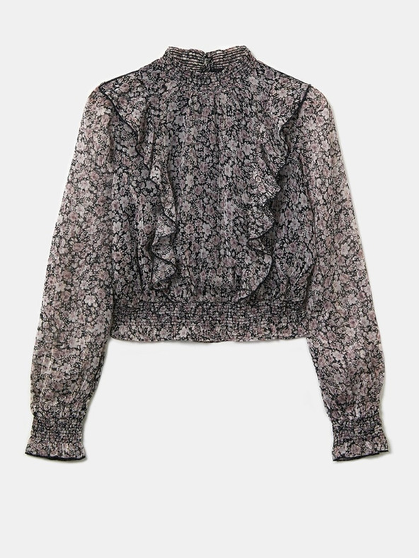 TALLY WEiJL Bijelo-crna kratka cvjetna bluza s volanima TALLY WEiJL