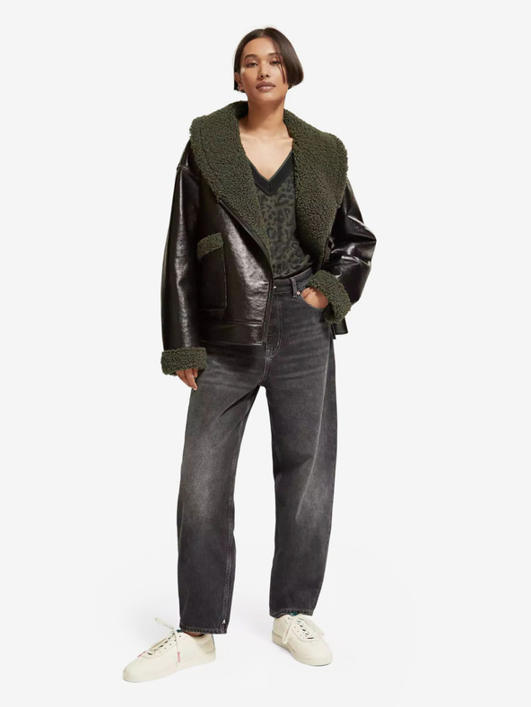 Scotch & Soda Crna ženska zimska jakna od umjetne kože s umjetnim krznom Scotch & Soda