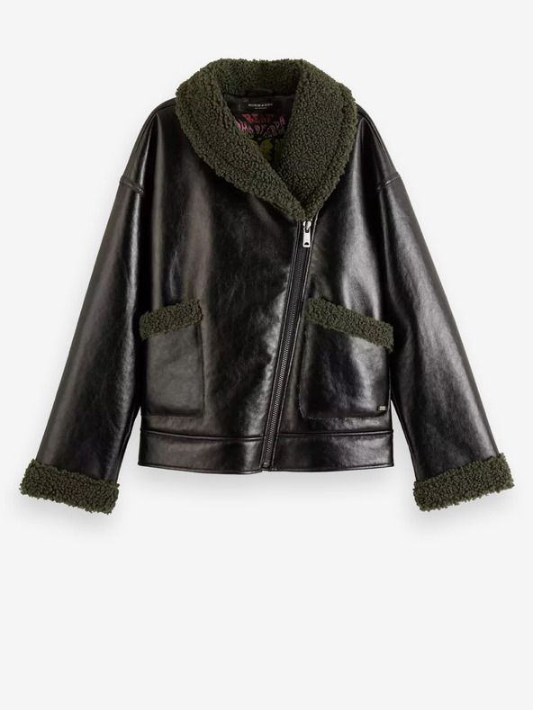 Scotch & Soda Crna ženska zimska jakna od umjetne kože s umjetnim krznom Scotch & Soda