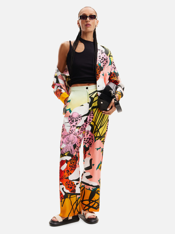 Desigual Žuto-ružičaste ženske svilene hlače s uzorkom Desigual Ericeira Lacroix
