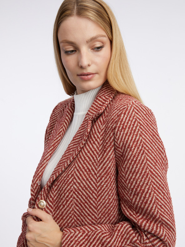 Orsay Crveni ženski kaput s uzorkom i umjetnim krznom ORSAY