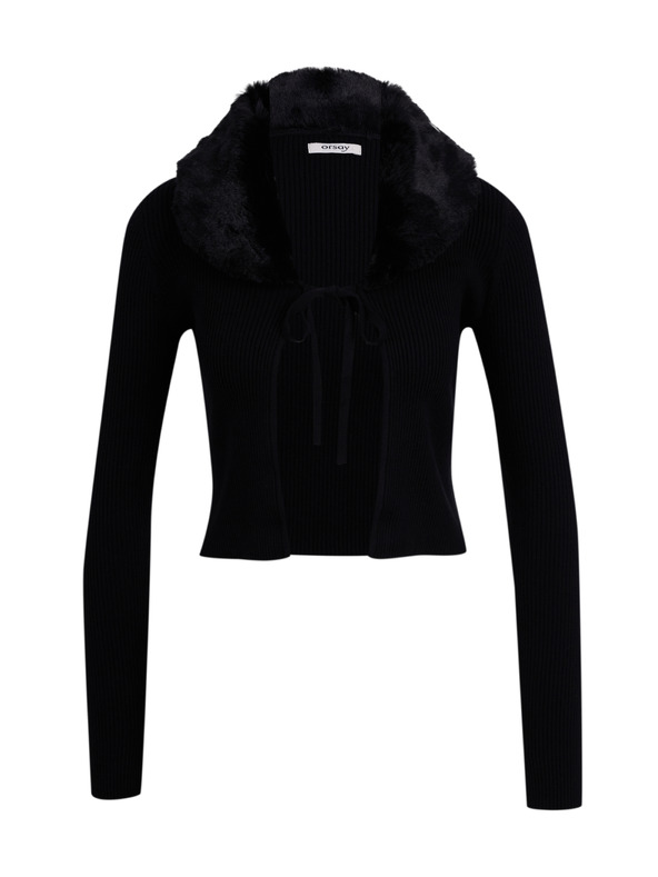 Orsay Crni ženski kardigan s umjetnim krznom ORSAY