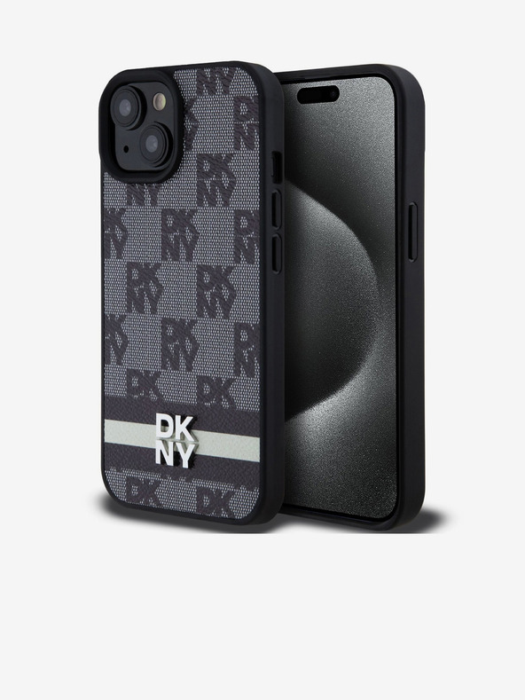 DKNY Stražnja maska ​​s kariranim uzorkom i prugama od PU kože za iPhone 15 crna DKNY