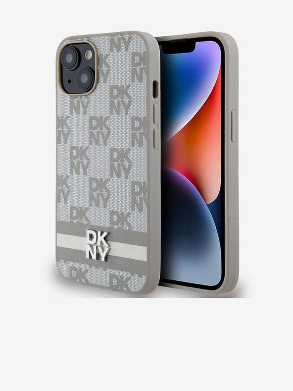 DKNY Stražnja maska ​​s kariranim uzorkom i prugama od PU kože za iPhone 14 bež DKNY