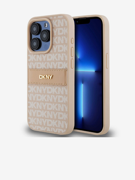 DKNY PU kožna stražnja maska ​​s ponavljajućim uzorkom u tonskim prugama za iPhone 15 Pro, ružičasta DKNY