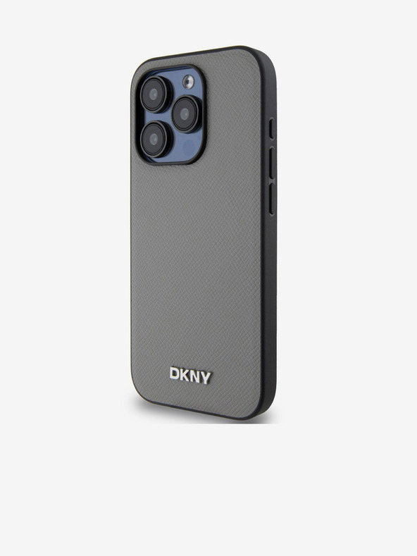 DKNY PU kožna srebrna metalna stražnja maska ​​Magsafe s logotipom za iPhone 15 Pro siva DKNY