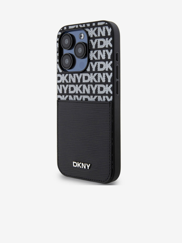 DKNY PU kožna stražnja maska ​​s džepom za karticu s ponavljajućim uzorkom za iPhone 15 Pro crna DKNY