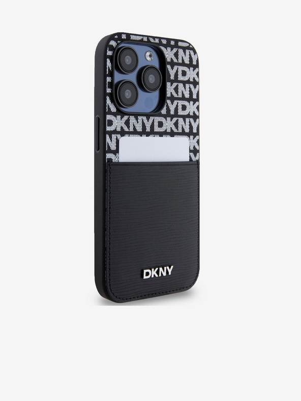 DKNY PU kožna stražnja maska ​​s džepom za karticu s ponavljajućim uzorkom za iPhone 15 Pro crna DKNY