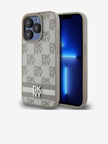 DKNY PU kožna stražnja maska ​​s kariranim uzorkom i prugama za iPhone 13 Pro bež DKNY