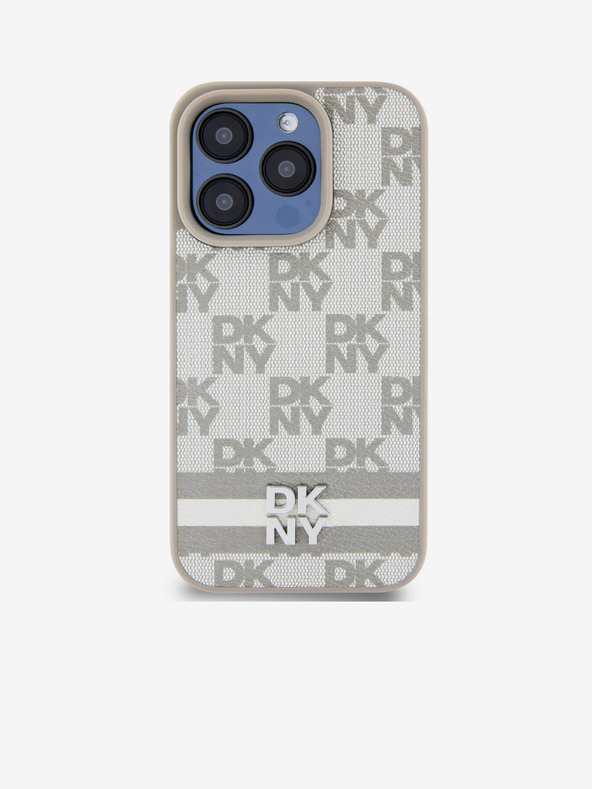 DKNY PU kožna stražnja maska ​​s kariranim uzorkom i prugama za iPhone 13 Pro bež DKNY