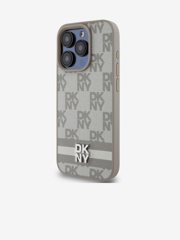 DKNY PU kožna stražnja maska ​​s kariranim uzorkom i prugama za iPhone 13 Pro bež DKNY