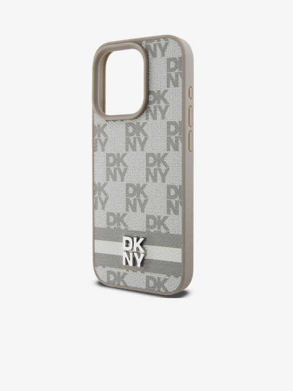 DKNY PU kožna stražnja maska ​​s kariranim uzorkom i prugama za iPhone 13 Pro bež DKNY
