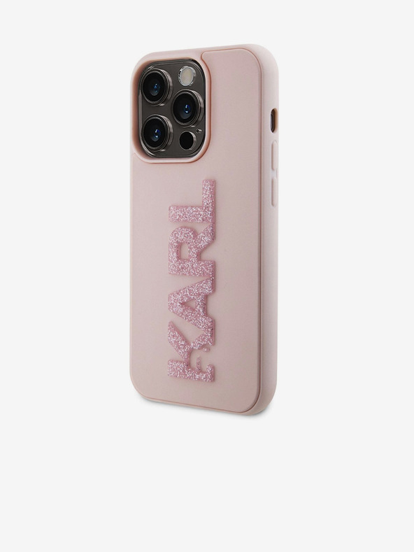 Karl Lagerfeld 3D gumeni svjetlucavi logotip Karl stražnja maska ​​za iPhone 15 Pro Max Pink Karl Lagerfeld