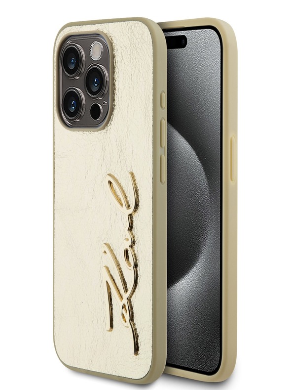 Karl Lagerfeld Naborana stražnja maska ​​s logotipom od PU za iPhone 15 Pro Max zlatna Karl Lagerfeld