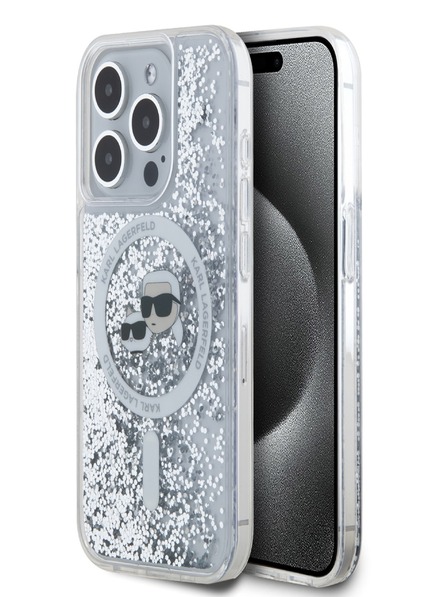 Karl Lagerfeld Karl Lagerfeld Liquid Glitter Karl and Choupette Heads MagSafe stražnja maska ​​za iPhone 15 Pro prozirna