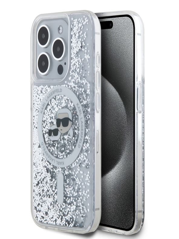 Karl Lagerfeld Karl Lagerfeld Liquid Glitter Karl and Choupette Heads MagSafe stražnja maska ​​za iPhone 15 Pro prozirna