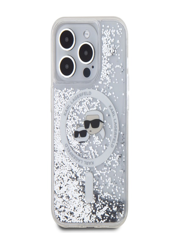 Karl Lagerfeld Karl Lagerfeld Liquid Glitter Karl and Choupette Heads MagSafe stražnja maska ​​za iPhone 15 Pro prozirna