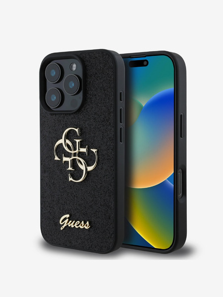 Guess Stražnja maska ​​Guess PU s fiksnim svjetlucavim 4G metalnim logotipom za iPhone 16 Pro Max crna