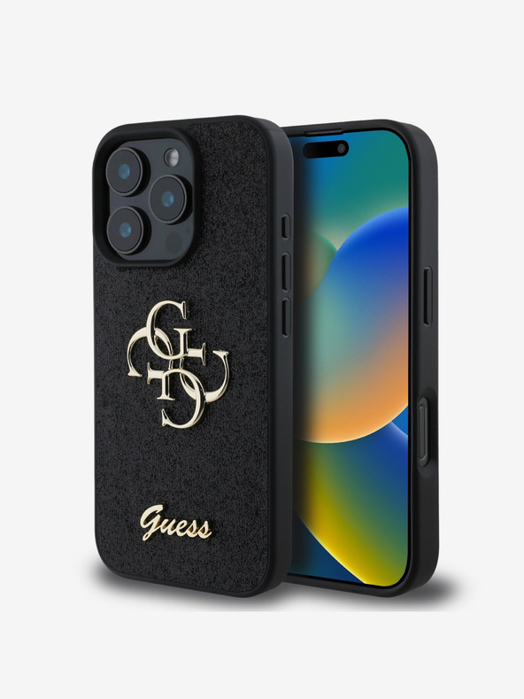 Guess Stražnja maska ​​Guess PU s fiksnim svjetlucavim 4G metalnim logotipom za iPhone 16 Pro Max crna