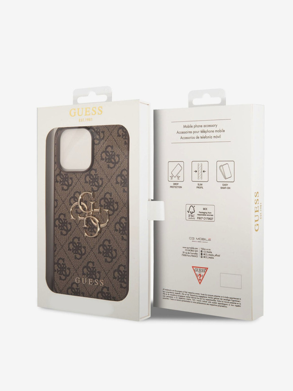 Guess PU 4G Metal Logo Zadní Kryt pro iPhone 15 Pro Max Brown Etui za telefon