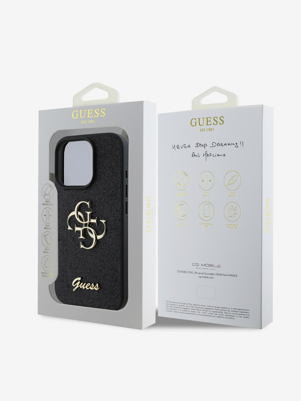 Guess Stražnja maska ​​Guess PU s fiksnim svjetlucavim 4G metalnim logotipom za iPhone 16 Pro crna