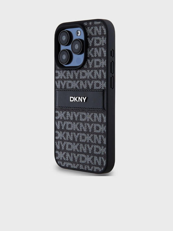 DKNY PU kožna stražnja maska ​​s ponavljajućim uzorkom u tonskim prugama za iPhone 15 Pro crna DKNY