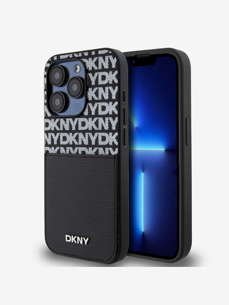 DKNY PU kožna stražnja maska ​​s džepom za karticu s ponavljajućim uzorkom za iPhone 15 Pro Max crna DKNY