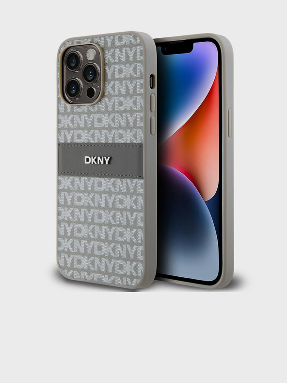 DKNY PU kožna stražnja maska ​​s ponavljajućim uzorkom u tonskim prugama za iPhone 14 Pro bež DKNY