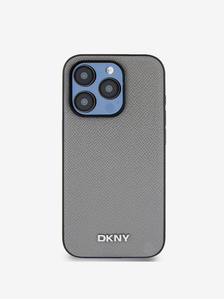 DKNY PU kožna srebrna metalna stražnja maska ​​Magsafe s logotipom za iPhone 15 Pro Max siva DKNY