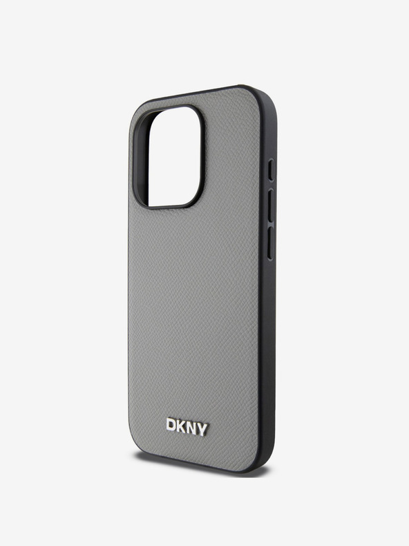 DKNY PU kožna srebrna metalna stražnja maska ​​Magsafe s logotipom za iPhone 15 Pro Max siva DKNY