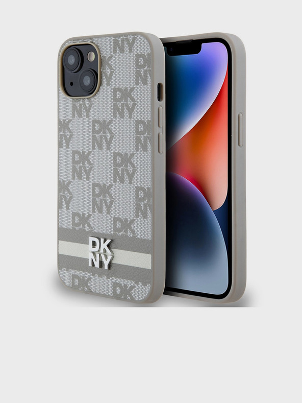 DKNY Stražnja maska ​​s kariranim uzorkom i prugama od PU kože za iPhone 15 bež DKNY