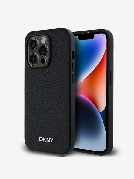 DKNY PU kožna srebrna metalna stražnja maska ​​Magsafe s logotipom za iPhone 14 Pro crna DKNY
